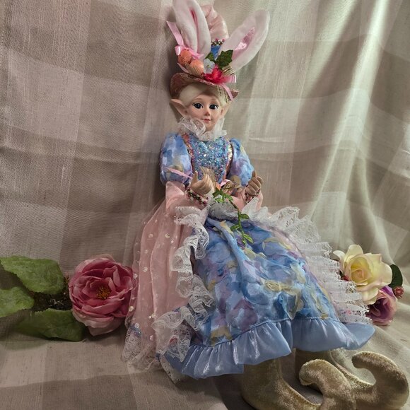 Cynthia Rowley Easter Elf Bunny Shelf Sitter Doll Tabletop Spring Blue Dress - Picture 2 of 6